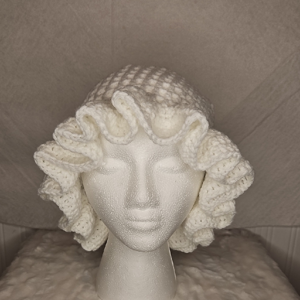 Handmade White Crochet Ruffle Hat
